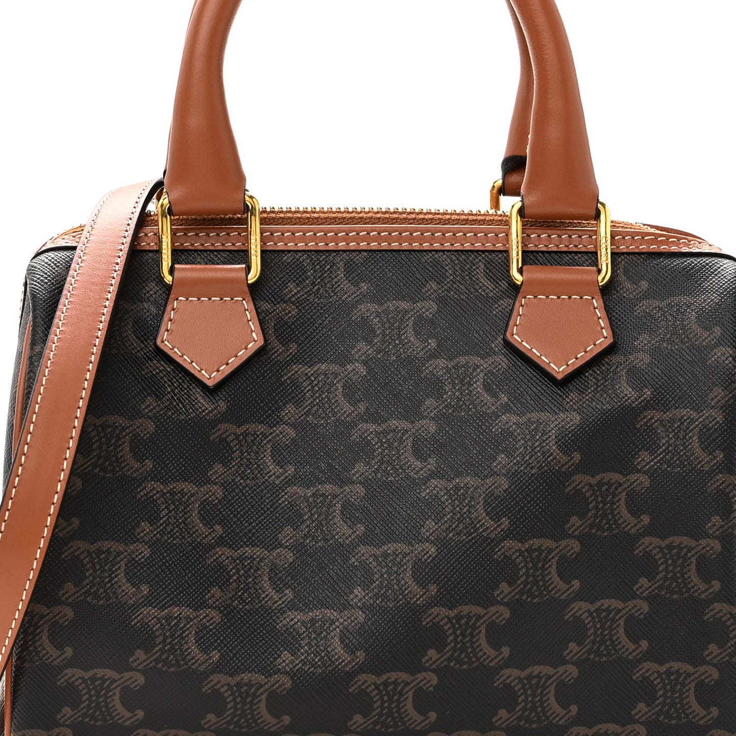 Triomphe Canvas Calfskin Small Boston Bag Tan