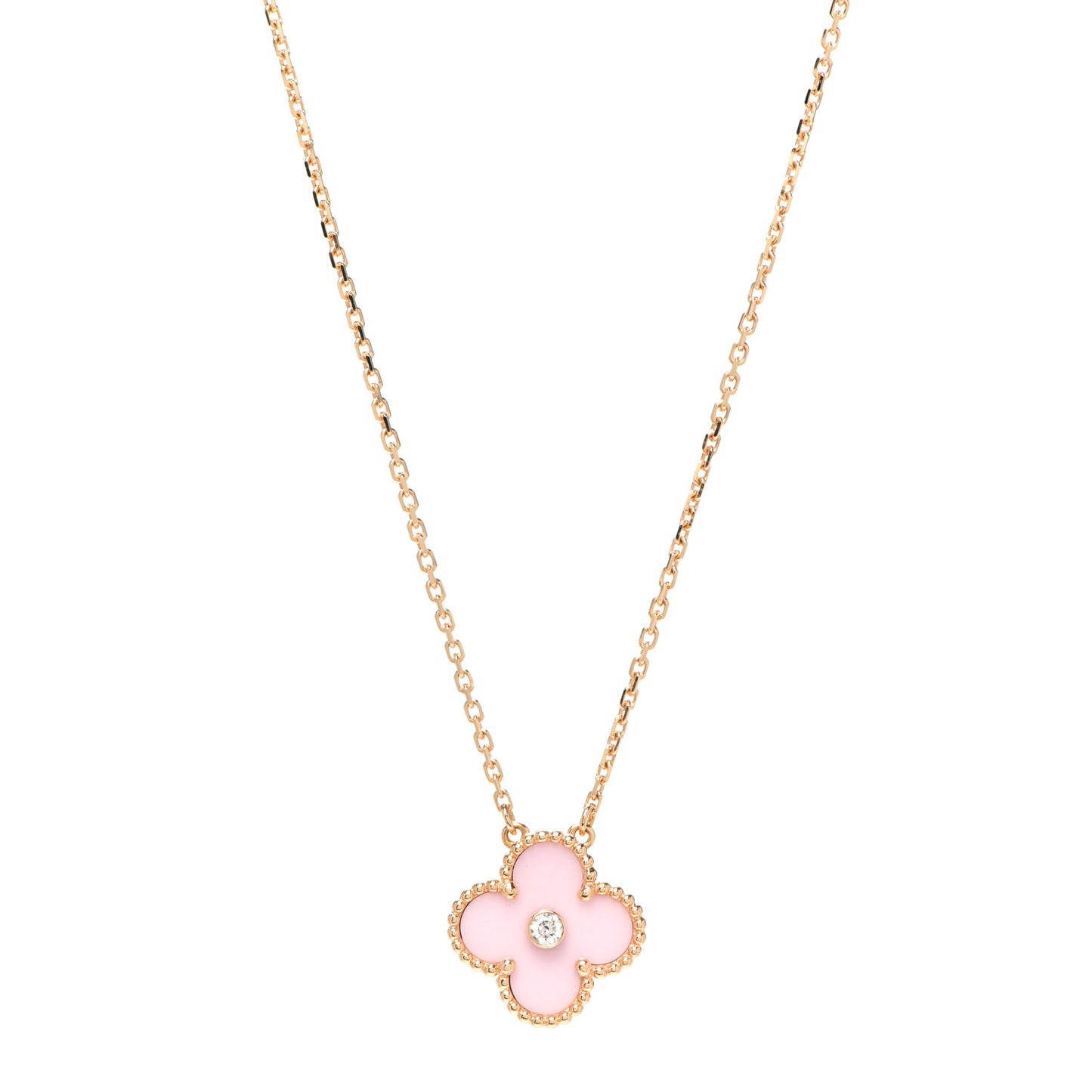 18K Rose Gold Diamond Pink Porcelain Vintage Alhambra Pendant Necklace
