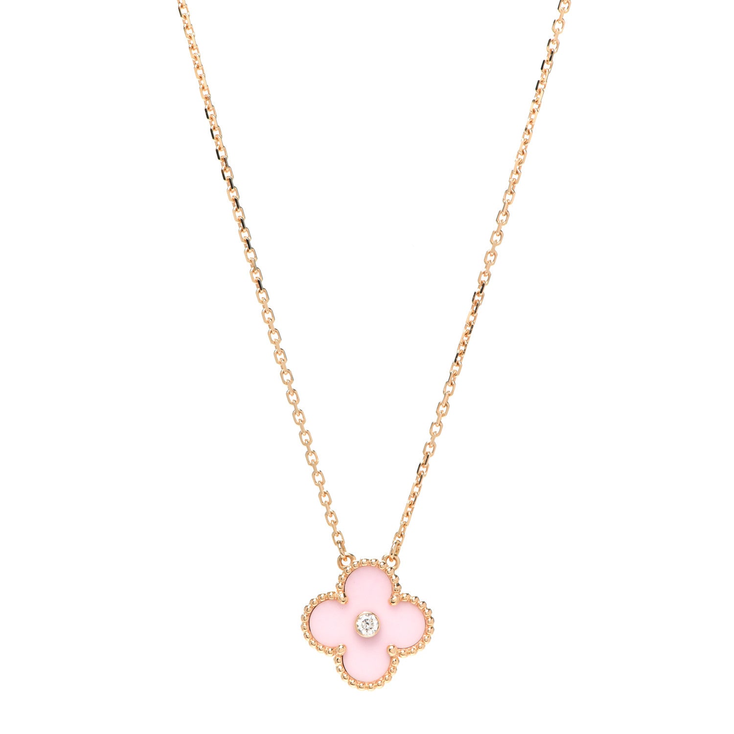 Van Cleef & Arpels 18K Rose Gold Diamond Pink Porcelain Vintage Alhambra Pendant Necklace 1 of 5