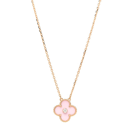 Van Cleef & Arpels 18K Rose Gold Diamond Pink Porcelain Vintage Alhambra Pendant Necklace 1 of 5