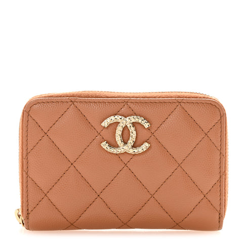 Caviar Quilted Textured CC Zip Around Coin Purse Beige