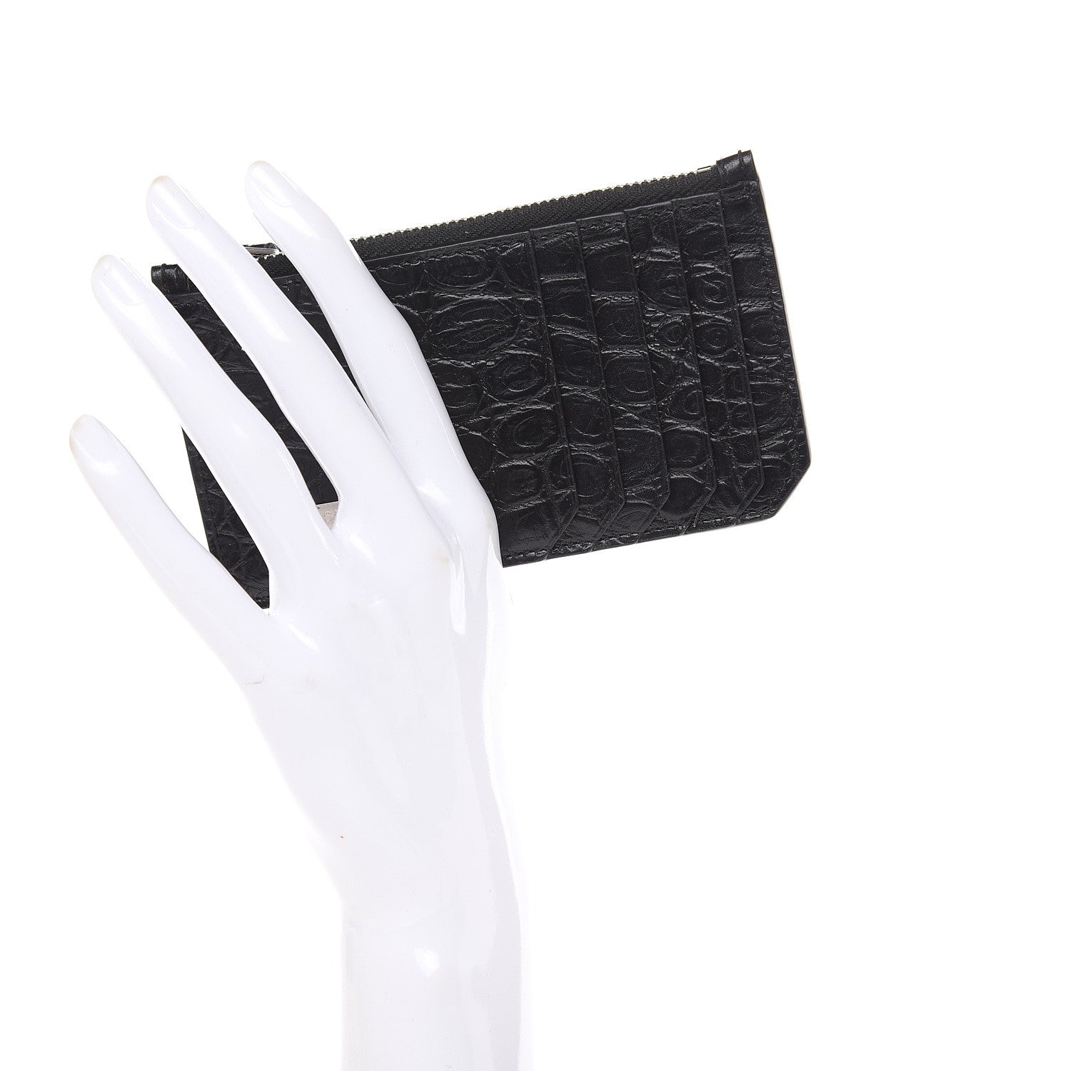 Saint Laurent Calfskin Crocodile Embossed 5 Fragments Zip Pouch Card Holder Black 2 of 7