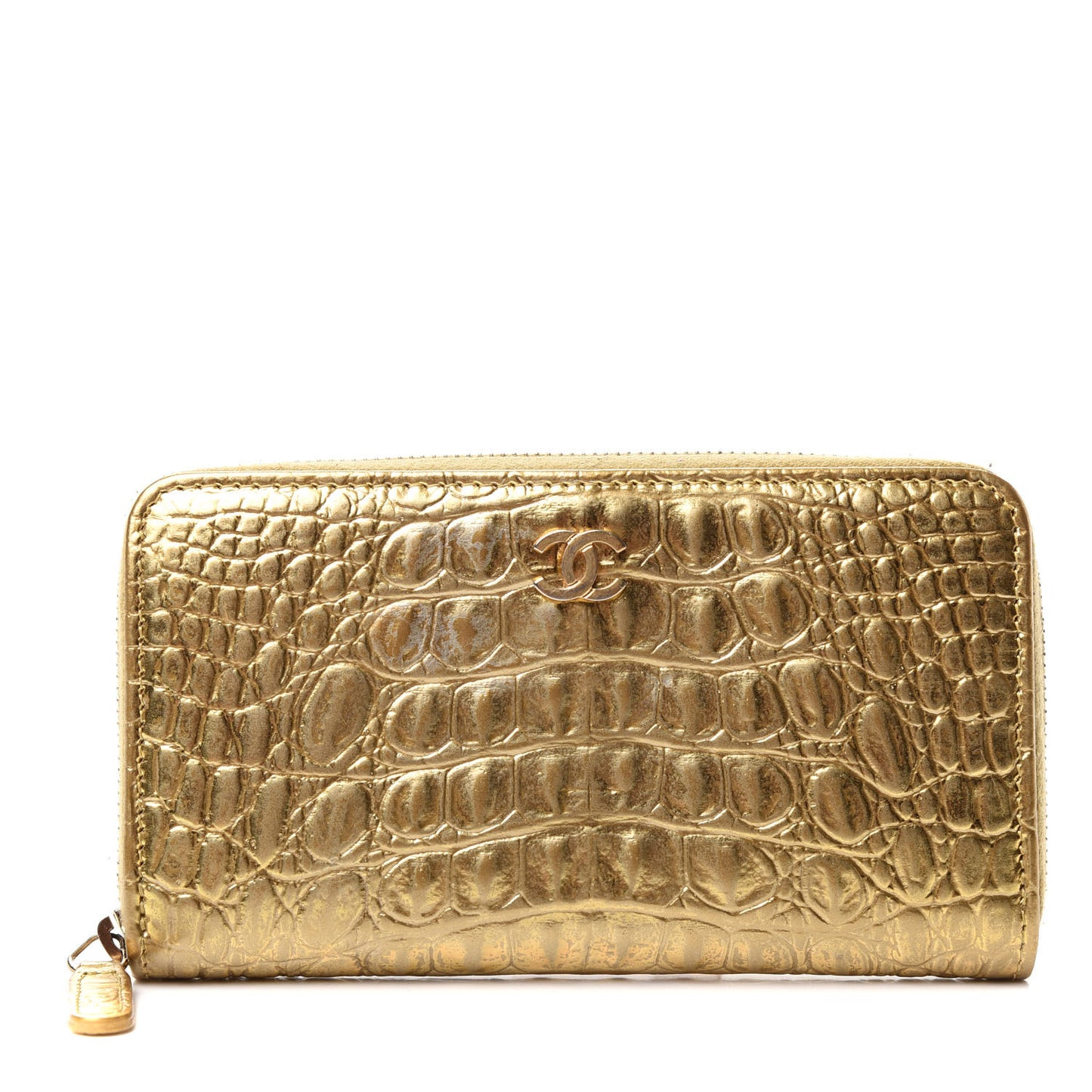 Metallic Calfskin Crocodile Embossed Small Zip Wallet Gold