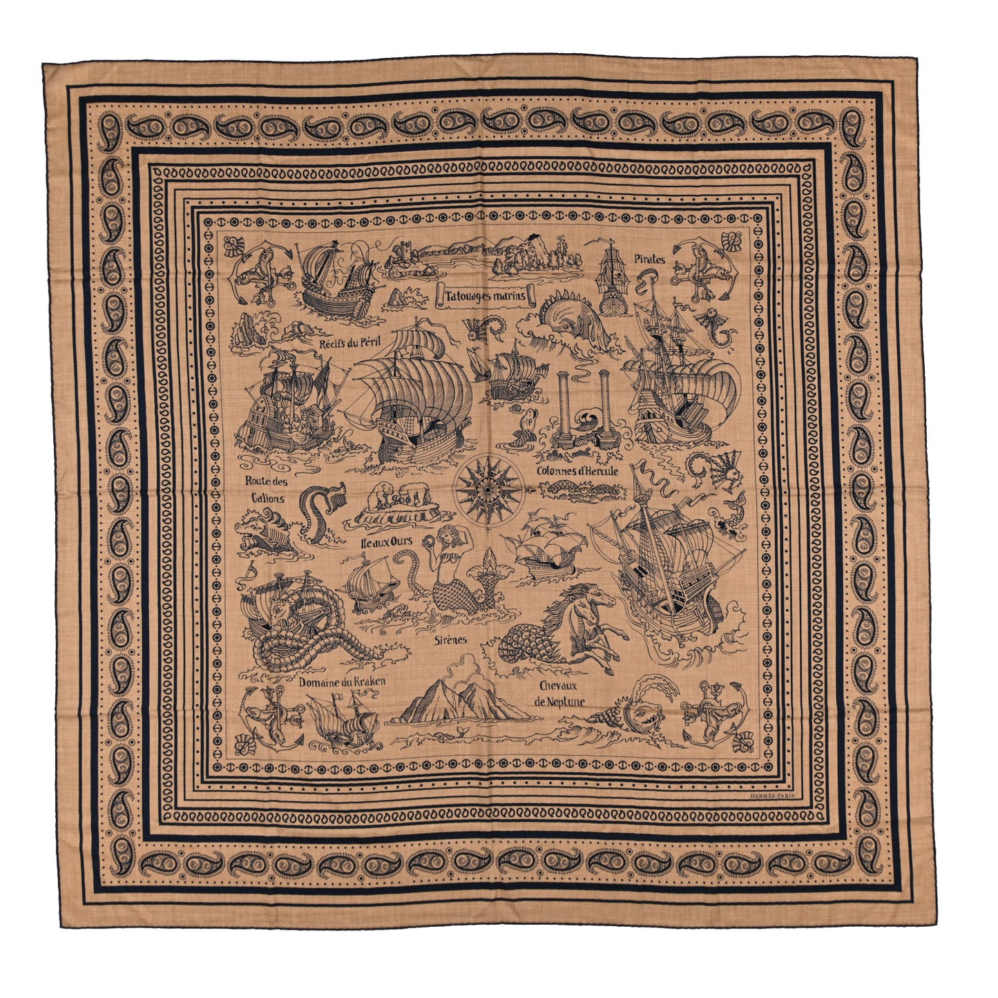 Cashmere Silk Tatouages Marins Bandana Shawl 140 Caramel Marine