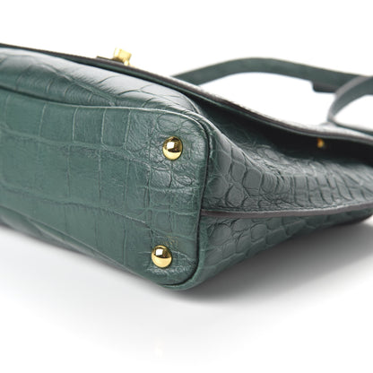 MCM Calfskin Crocodile Embossed Top Handle Shoulder Bag Green 7 of 9