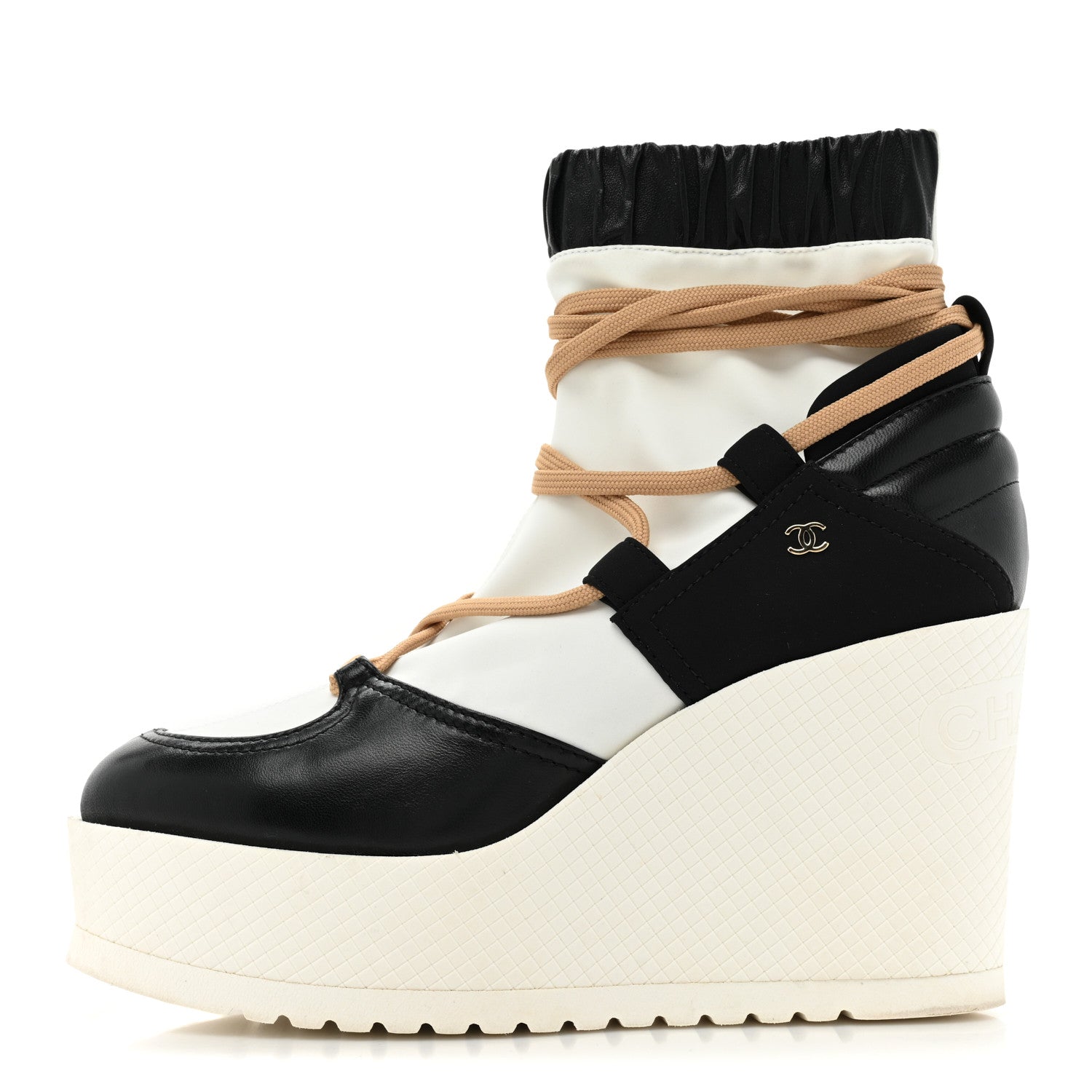 Chanel Patent Calfskin Runway Wedge Short Platform Boots 39.5 Black White Beige 1 of 12