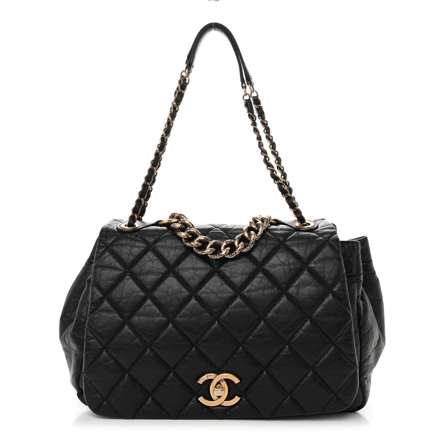 Aged Calfskin Quilted Large Pondichery Flap Black