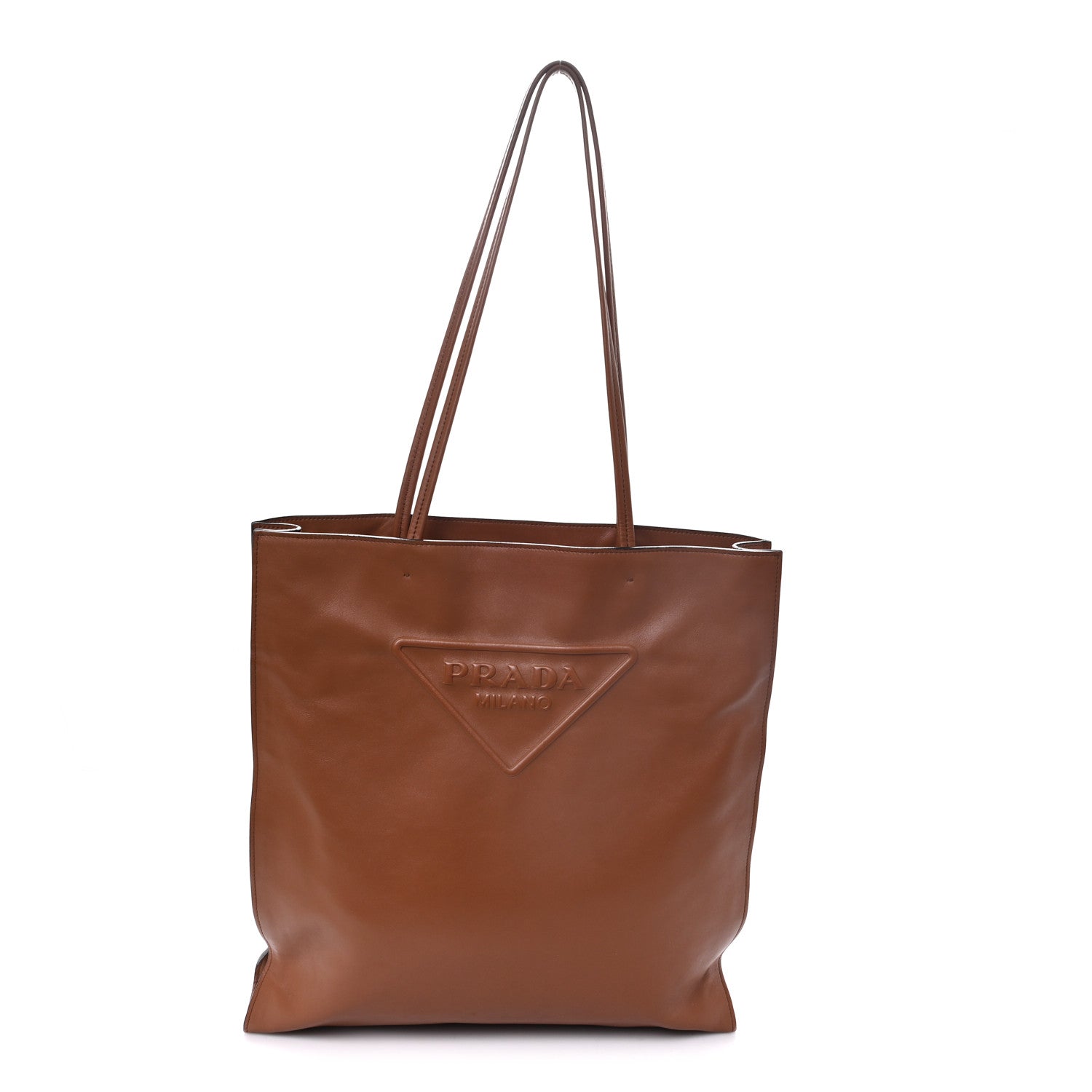 Prada Soft Calfskin Triangle Logo Embossed Tote Cognac 1 of 9