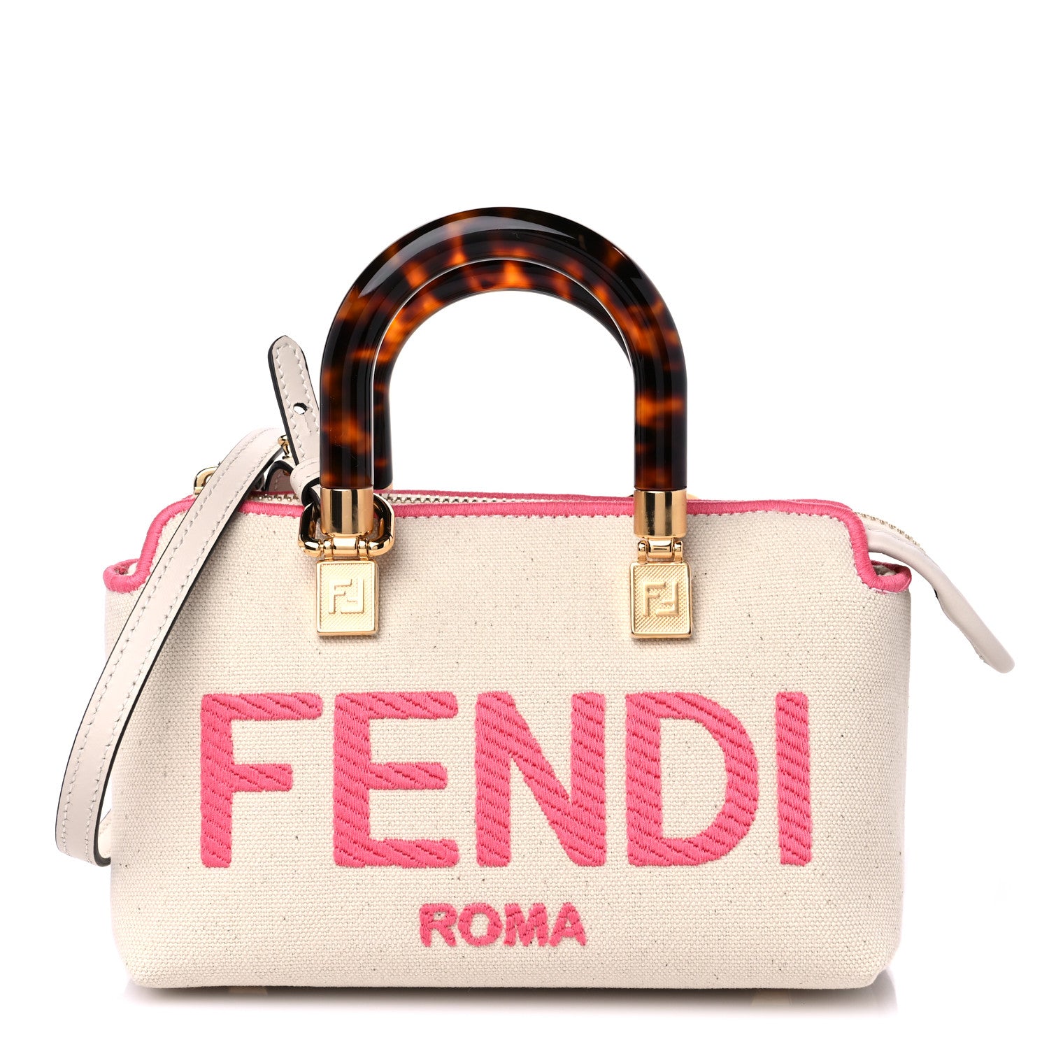 Fendi Canvas Vitello King Plexiglass Logo Embroidered Mini By The Way Top Handle Boston Bag Grezzo Pink Dalia 1 of 10