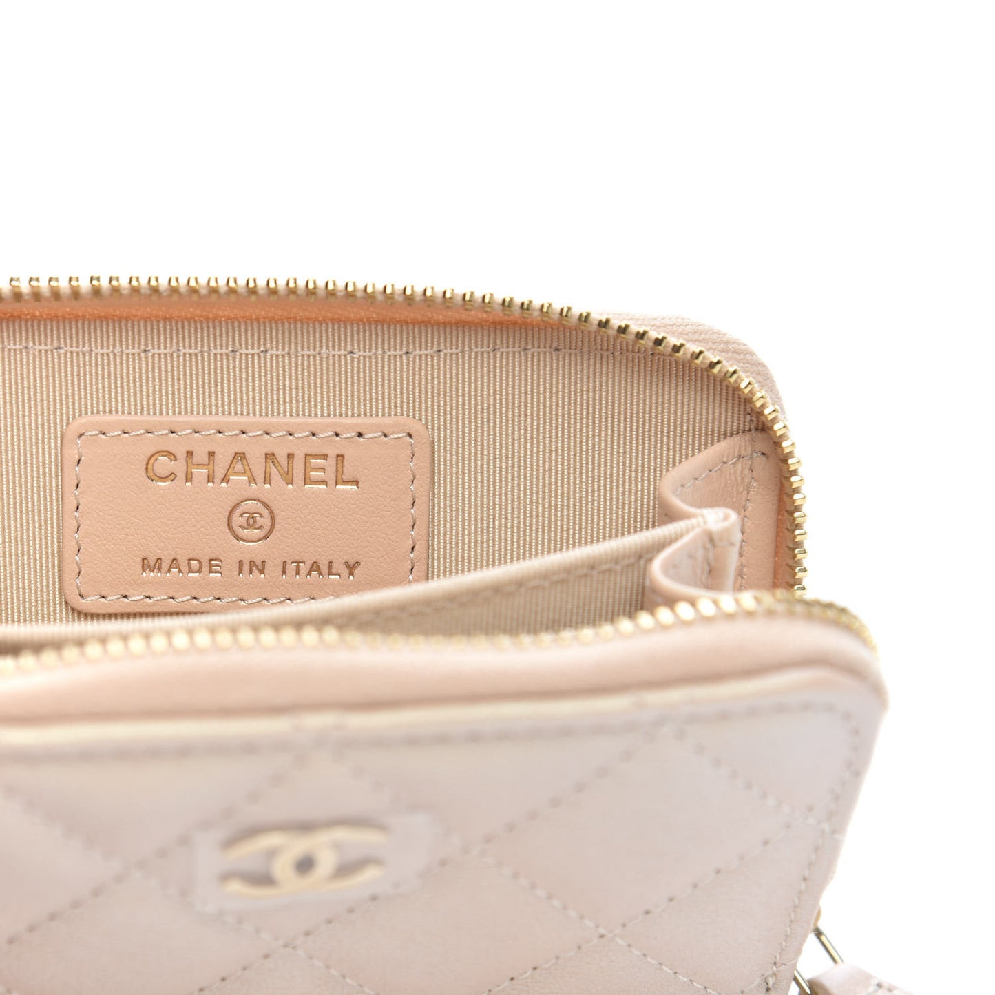 Iridescent Calfskin Quilted Zip Coin Purse Wallet Beige