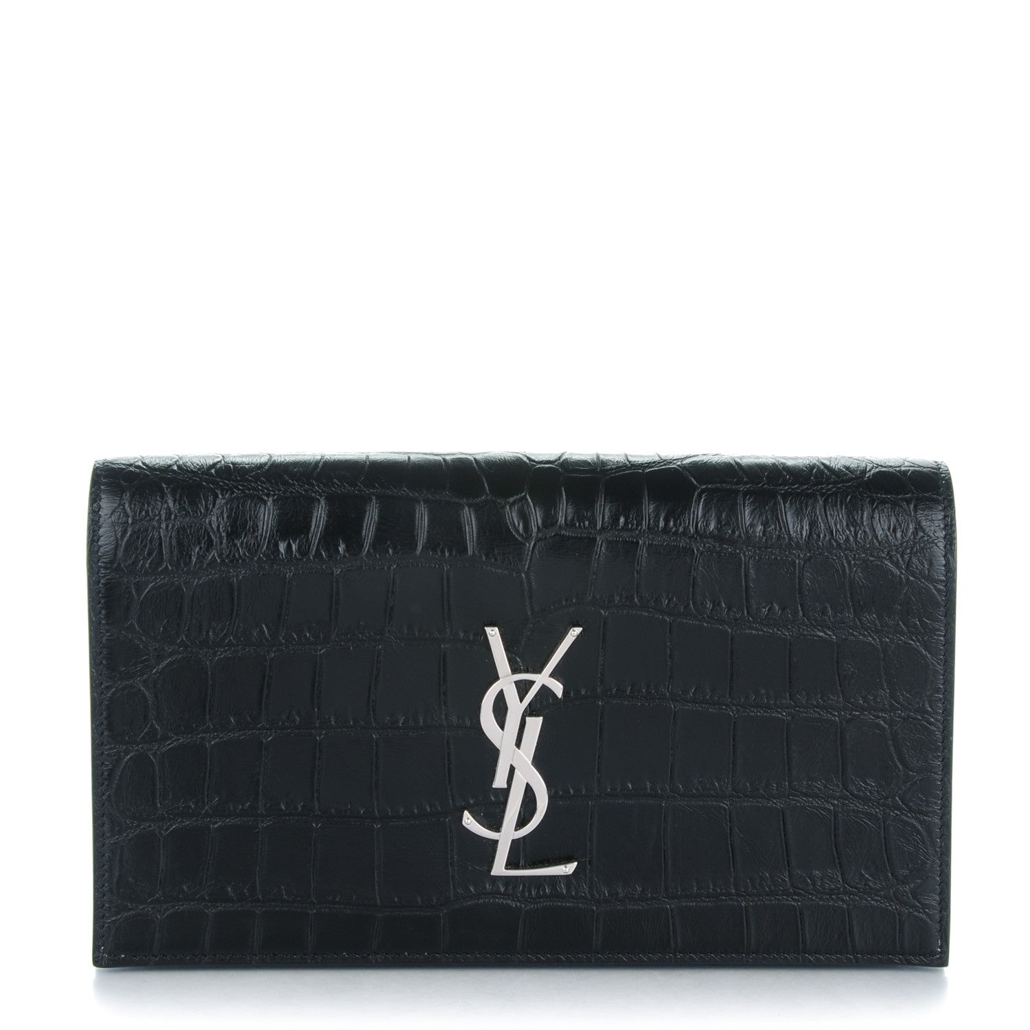 Saint Laurent Calfskin Crocodile Embossed Classic Kate Monogram Clutch Black 1 of 7