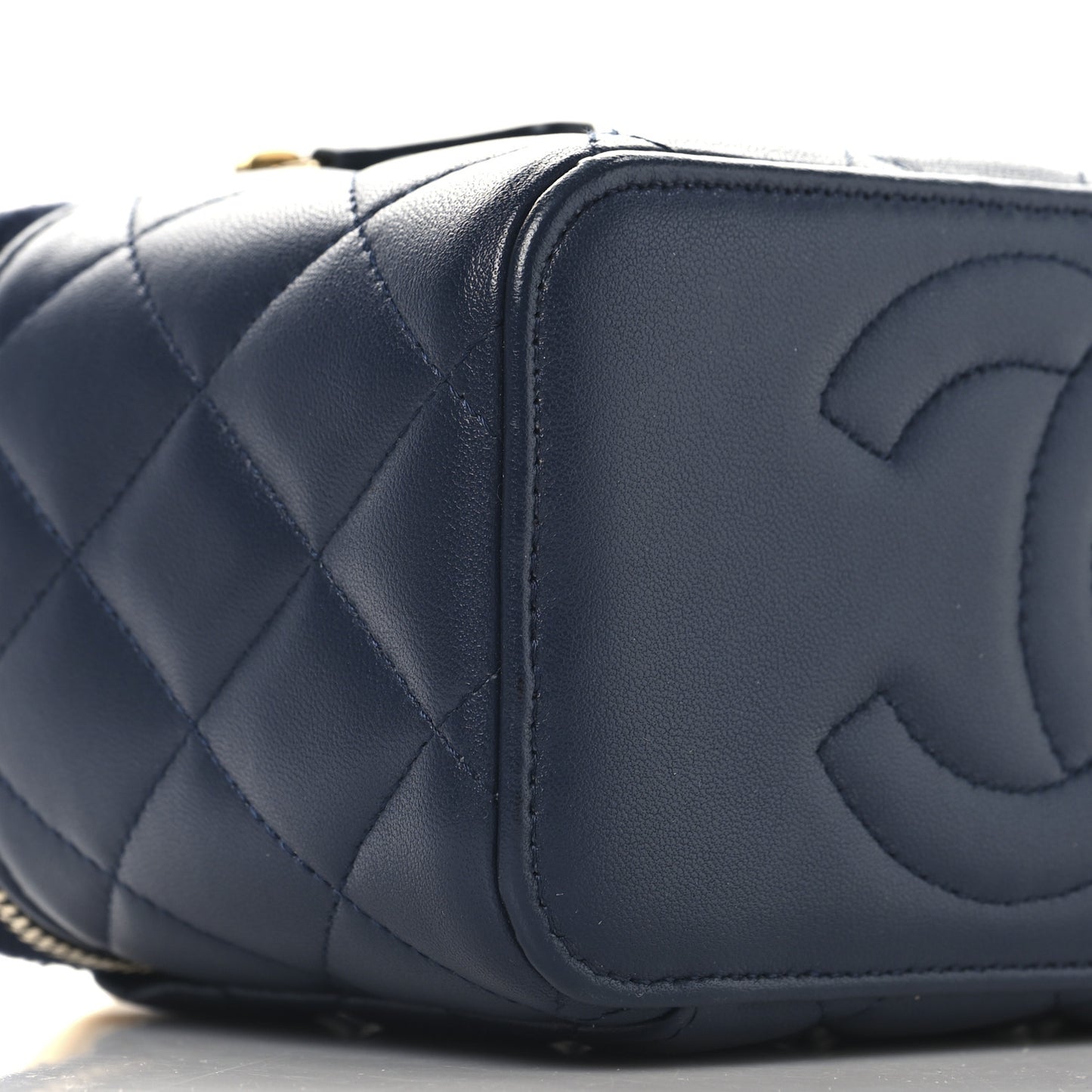 Lambskin Quilted Metal Small Top Handle Vanity Case With Chain Blue