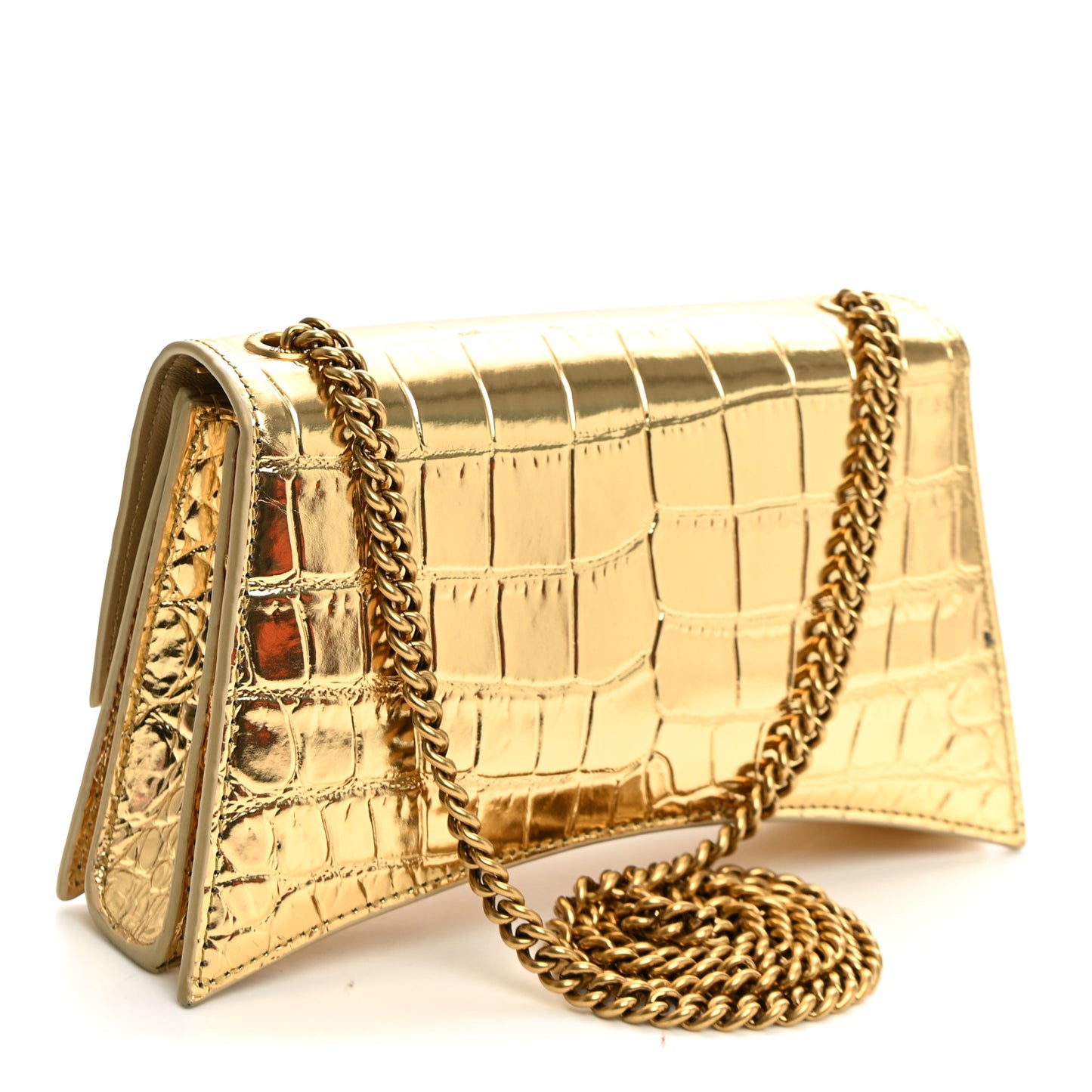 Metallic Supple Calfskin Crocodile XS Crush Chain Bag Gold