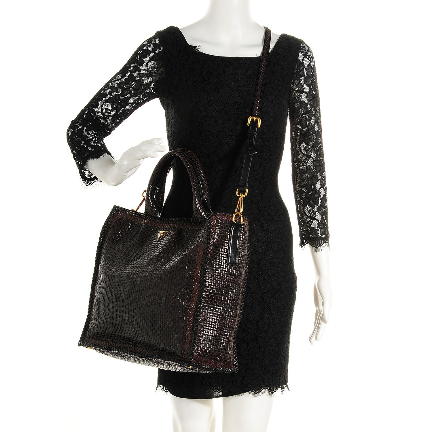 Prada Goatskin Woven Large Tote Moro Black 2 of 8