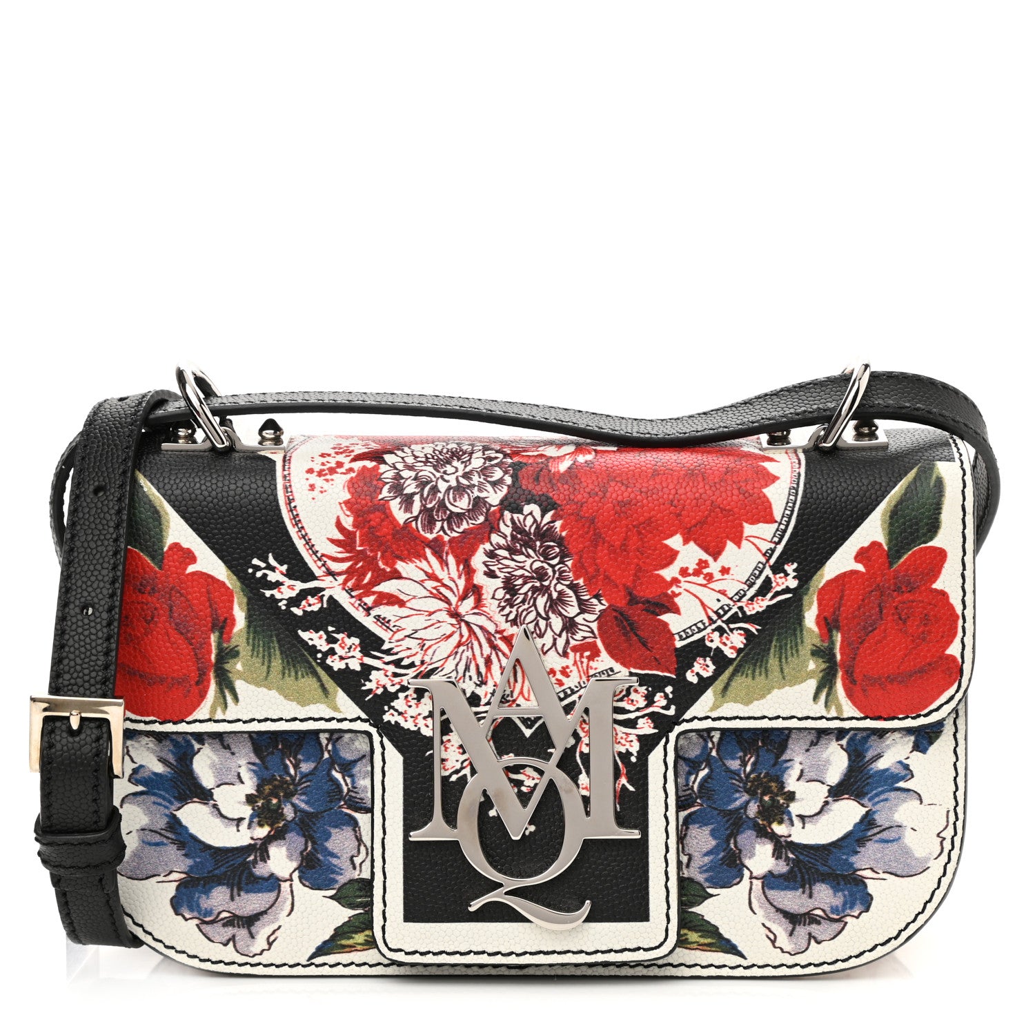 Alexander McQueen Grained Calfskin Flower Printed Small Insignia Flap Ivory Multicolor 1 of 8