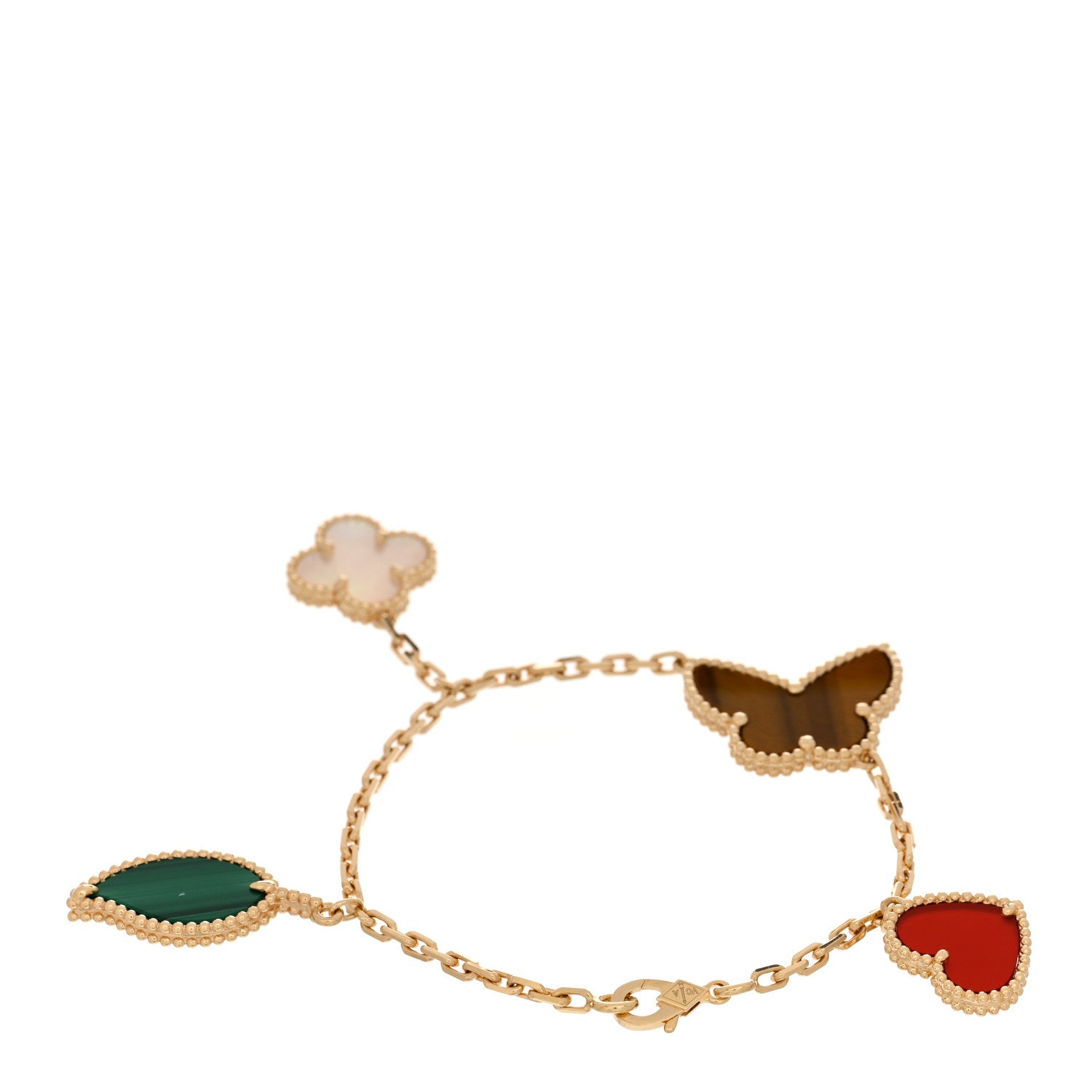 Van Cleef & Arpels 18K Yellow Gold Mother of Pearl Malachite Carnelian Tiger Eye 4 Motifs Lucky Alhambra Bracelet 2 of 4