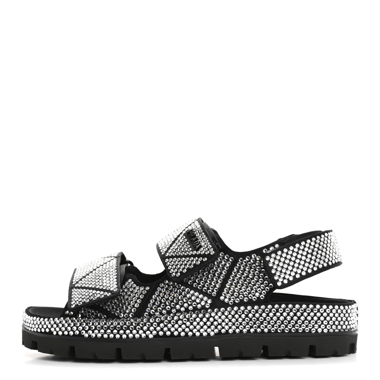 Satin Crystal Embellished Metal Logo Velcro Sandals 37 Black
