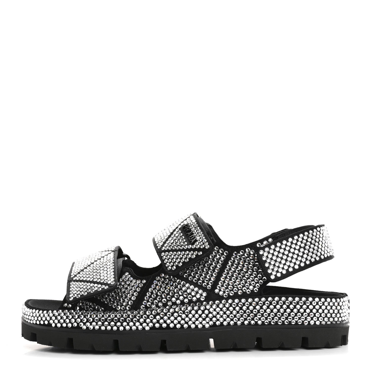 Prada Satin Crystal Embellished Metal Logo Velcro Sandals 37 Black 1 of 11