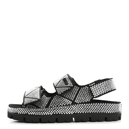 Prada Satin Crystal Embellished Metal Logo Velcro Sandals 37 Black 1 of 11