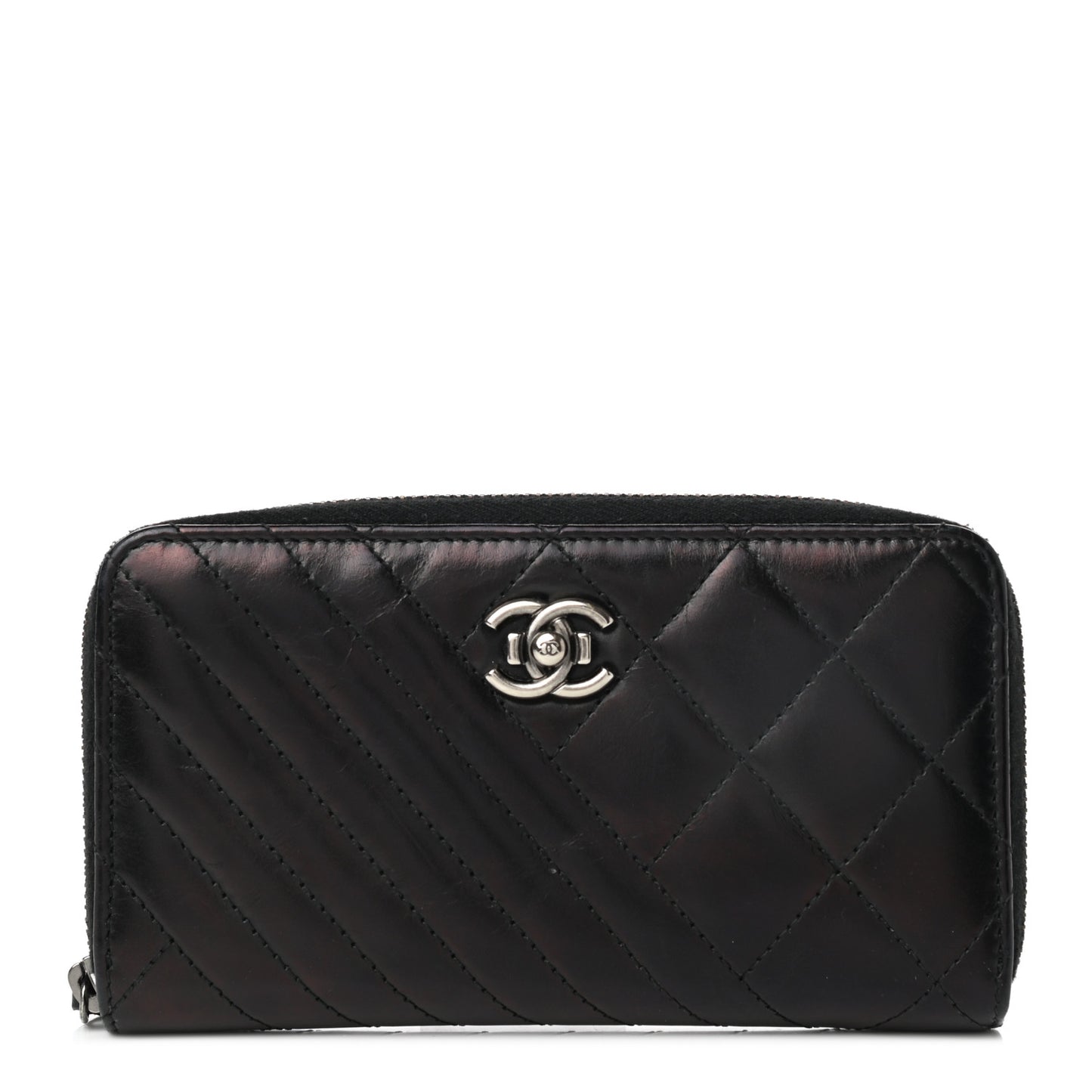 Glazed Calfskin Quilted Small Coco Boy Zip Around Wallet Black