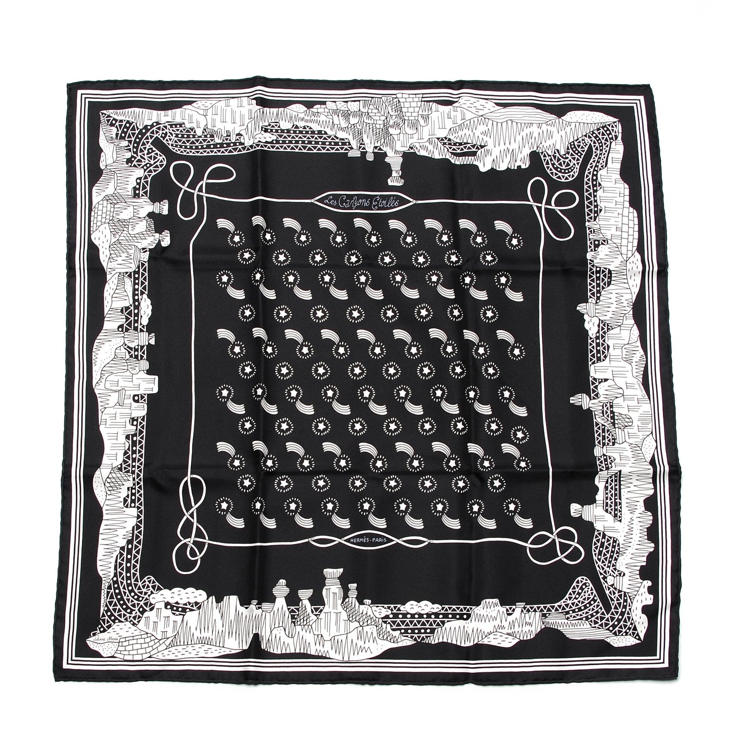 Hermes Silk Les Canyons Etoiles Bandana Scarf 55 Noir Blanc Noir 1 of 7