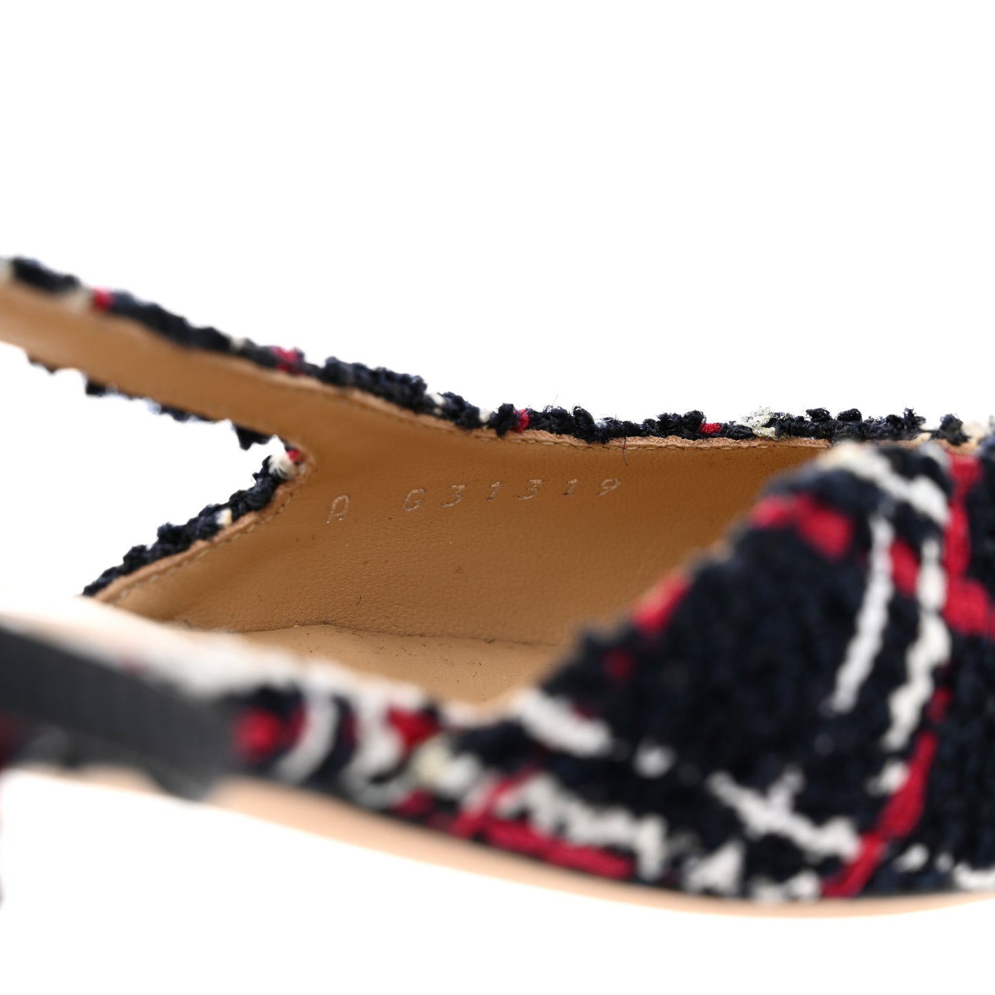 Tweed Grosgrain Cap Toe CC Slingback Flats 36.5 Navy Red White