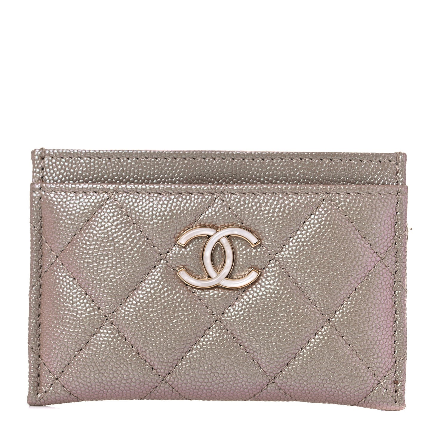 Iridescent Caviar Quilted Card Holder Beige