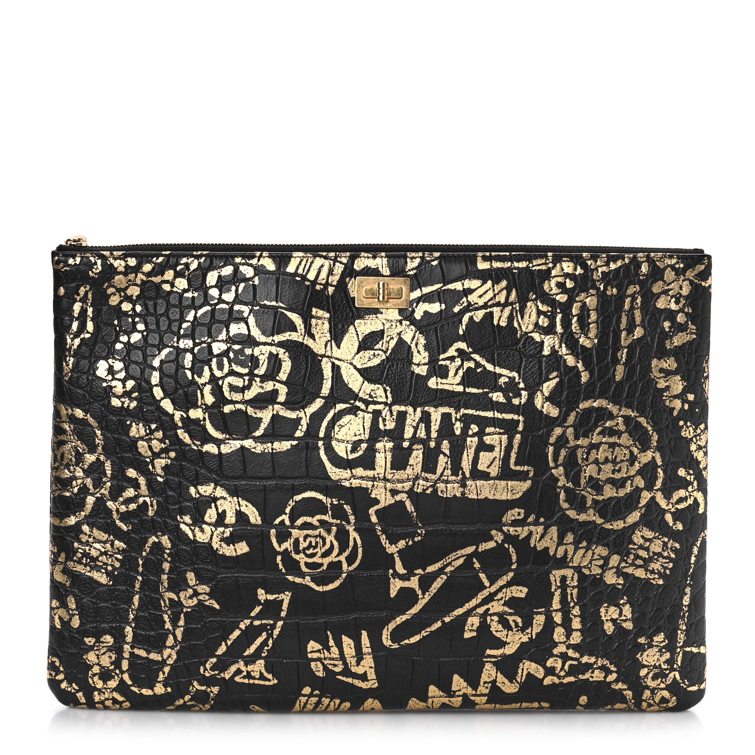 Chanel Calfskin Crocodile Embossed Graffiti 2.55 Medium Cocodile Reissue Cosmetic Case Black Gold 1 of 9