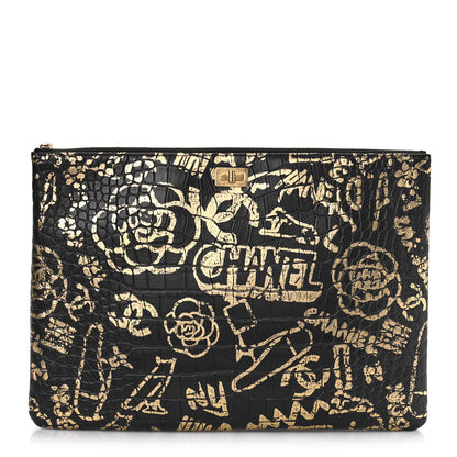 Chanel Calfskin Crocodile Embossed Graffiti 2.55 Medium Cocodile Reissue Cosmetic Case Black Gold 1 of 9