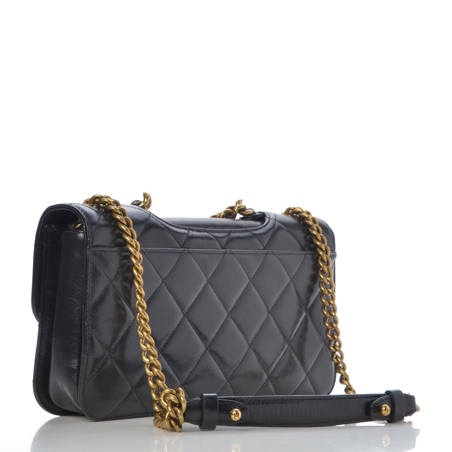 Glazed Calfskin Quilted Medium Perfect Edge Flap Black