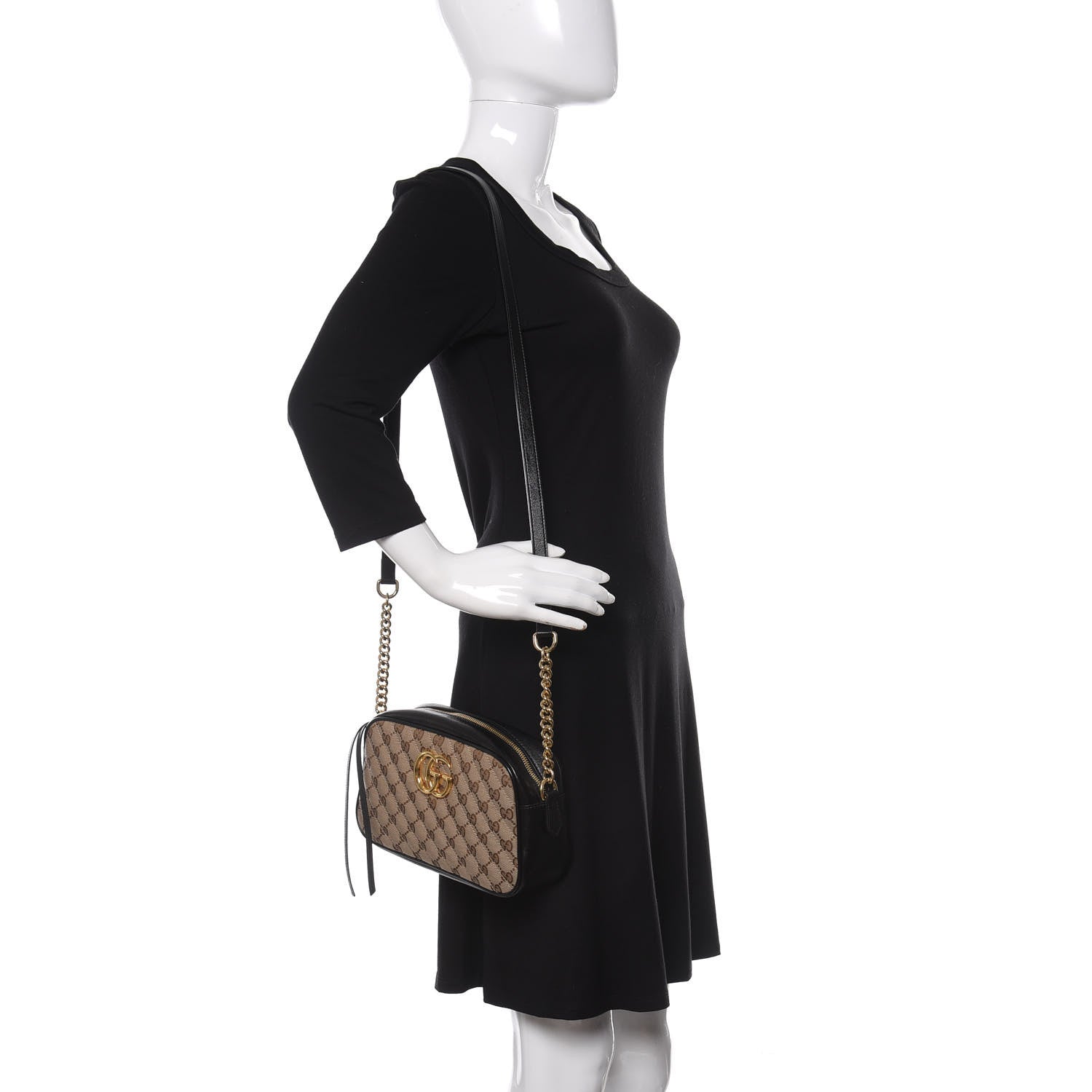 Gucci Monogram Matelasse Diagonal Small GG Marmont Chain Shoulder Bag Beige Black 2 of 11