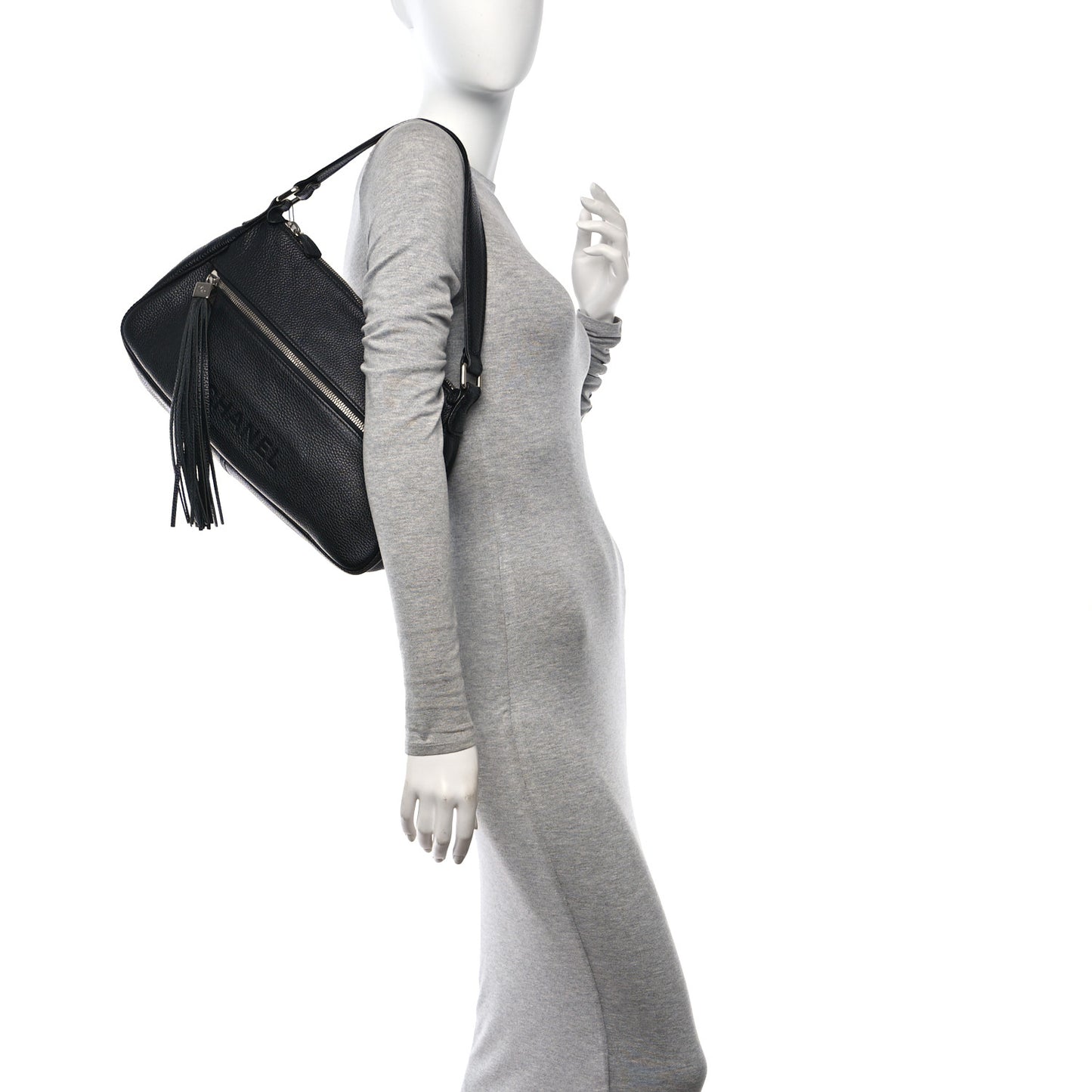 Grained Calfskin Tassel Shoulder Bag Black