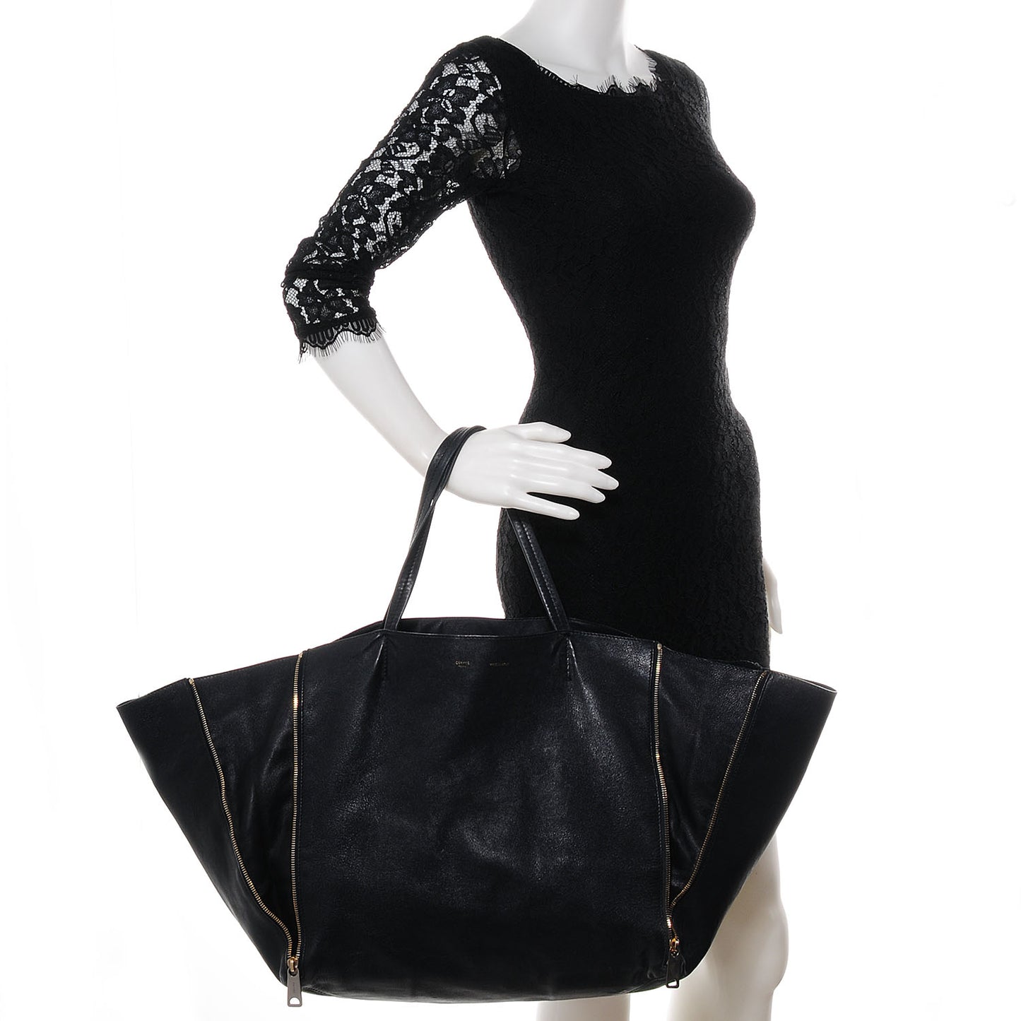 Leather Horizontal Zipper Gusset Cabas Black