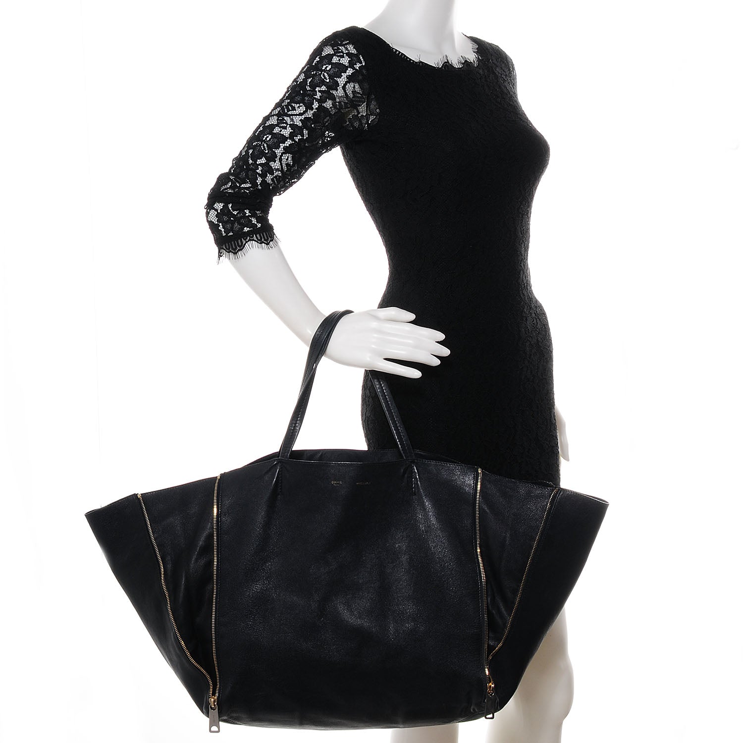 Celine Leather Horizontal Zipper Gusset Cabas Black 2 of 12