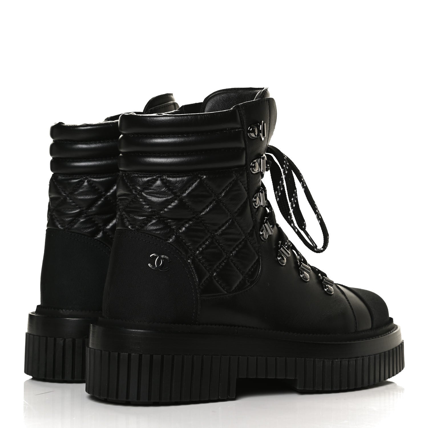 Chanel Calfskin Grosgrain Quilted Lace Up Boots 36.5 Black Grey 4 of 10