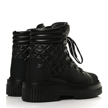 Chanel Calfskin Grosgrain Quilted Lace Up Boots 36.5 Black Grey 4 of 10
