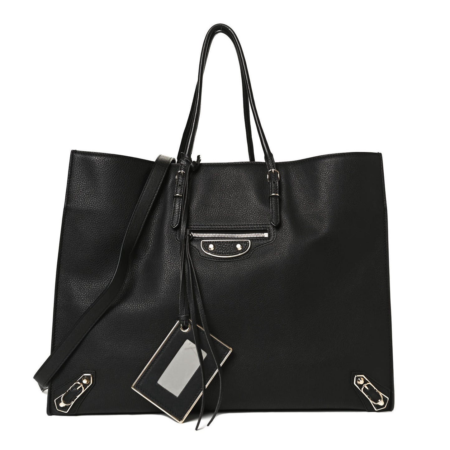 Grained Calfskin Silver Metallic Edge Hardware Papier A4 Tote Black