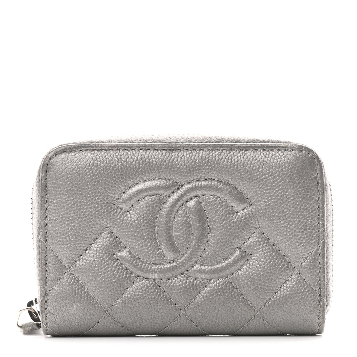 Metallic Caviar Quilted CC Zip Around Coin Purse Wallet Silver