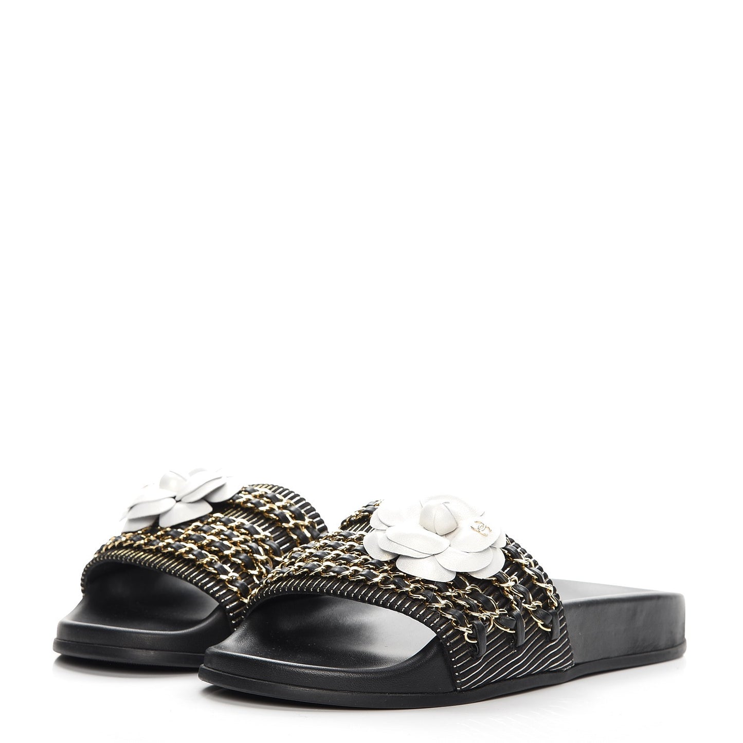 Calfskin Chain Flat Sandals 38 Black