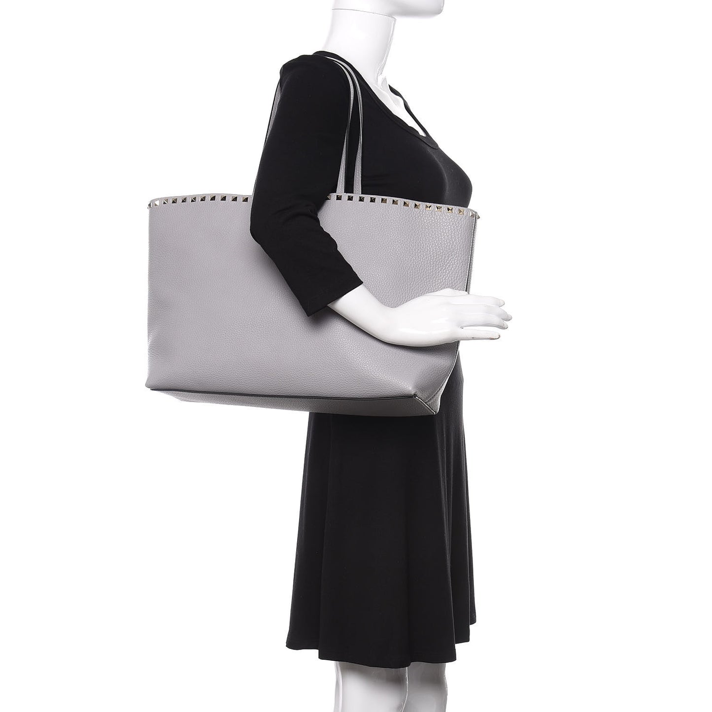 Grained Calfskin Rockstud Shoulder Tote Pastel Grey