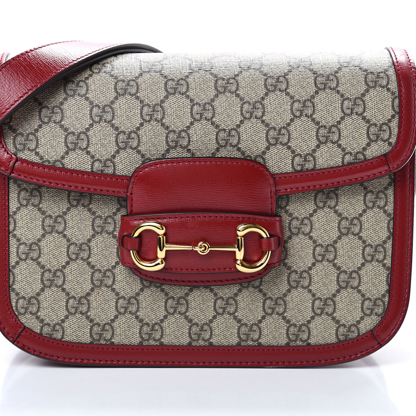 GG Supreme Monogram Azalea Calfskin Horsebit 1955 Shoulder Bag Beige Ebony New Cherry Red