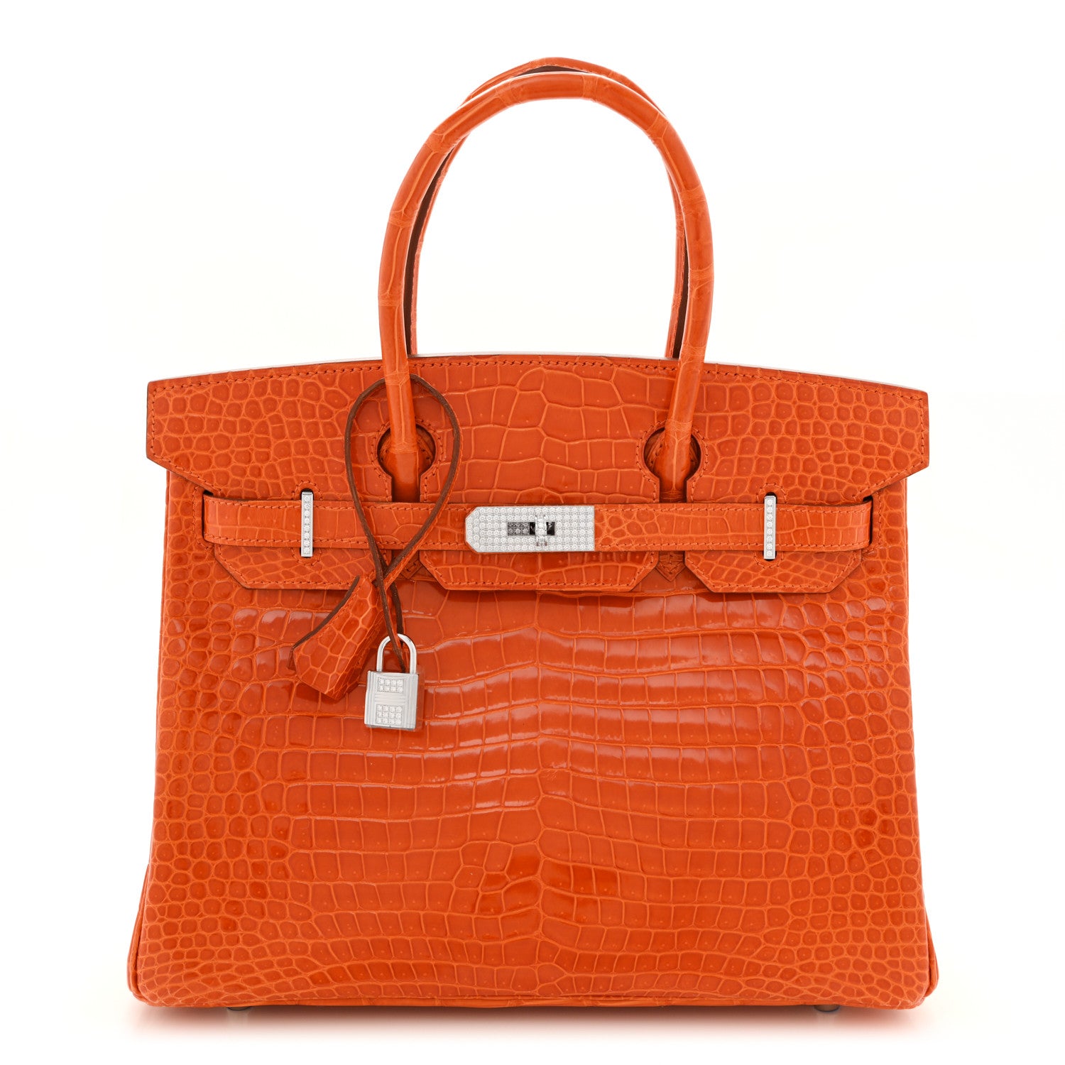 Hermes Shiny Porosus Crocodile 18K White Gold Diamond Birkin 30 Orange 1 of 14