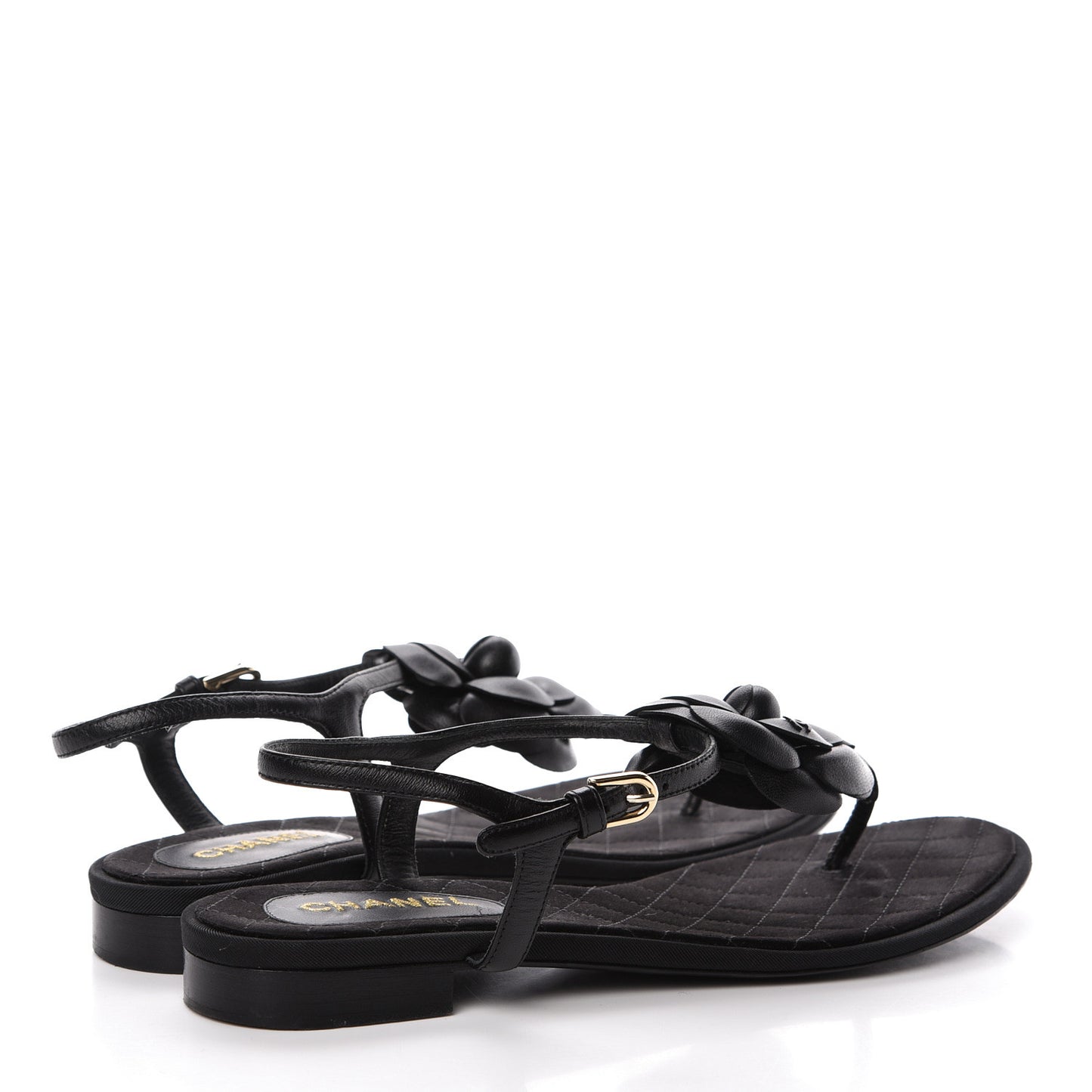Lambskin Camellia Thong Sandals 38.5 Black