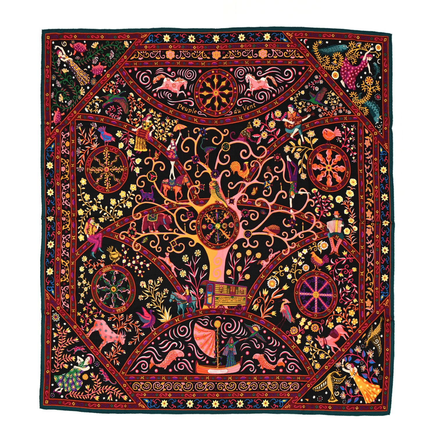 Hermes Cashmere Silk Peuple Du Vent Shawl 140 Black Corail Prune 1 of 4