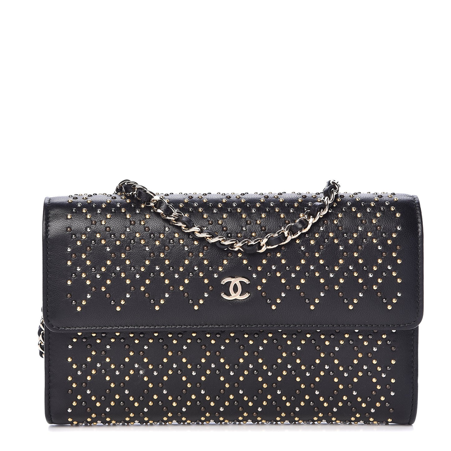 Lambskin Studded Chain Wallet Black
