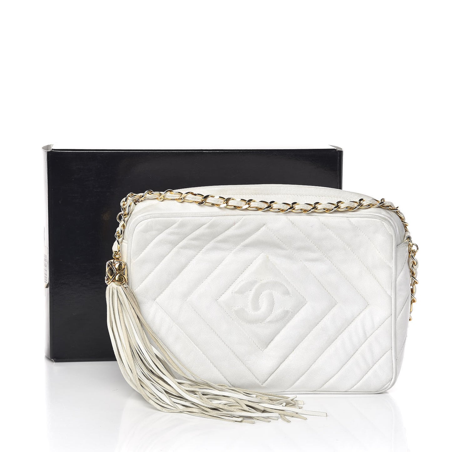 Lambskin Chevron Quilted Medium Tassel Camera Case White