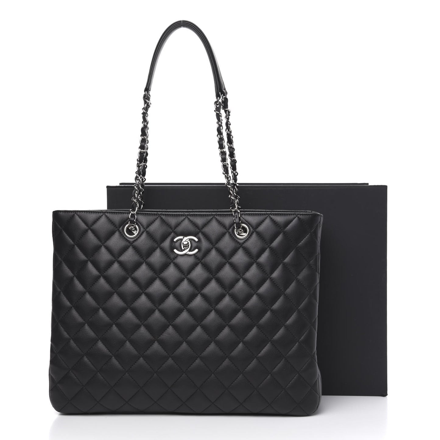 Calfskin Quilted Large Classic Shopping Tote Black