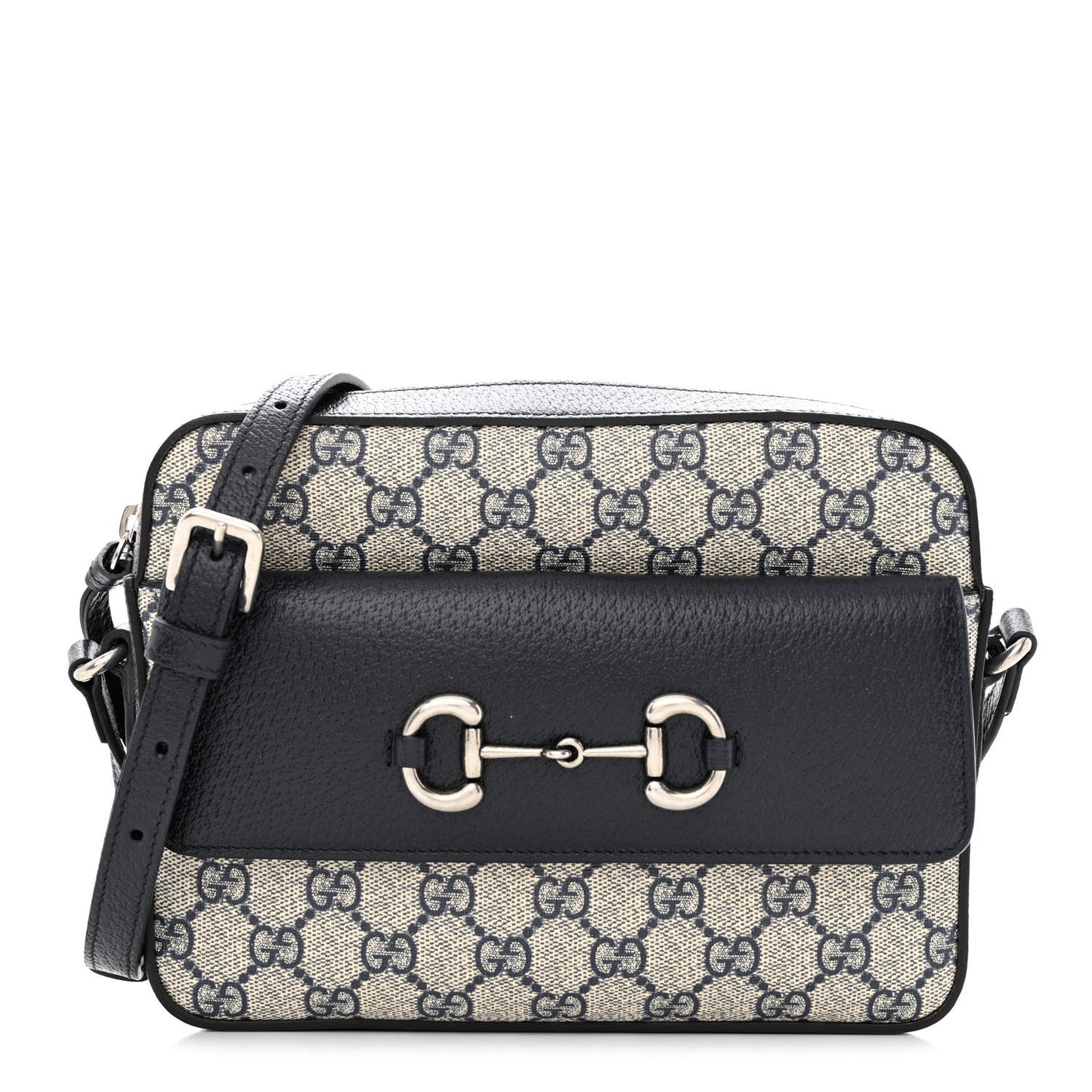 GG Supreme Monogram Textured Dollar Calfskin Small Horsebit 1955 Shoulder Bag Beige Blue