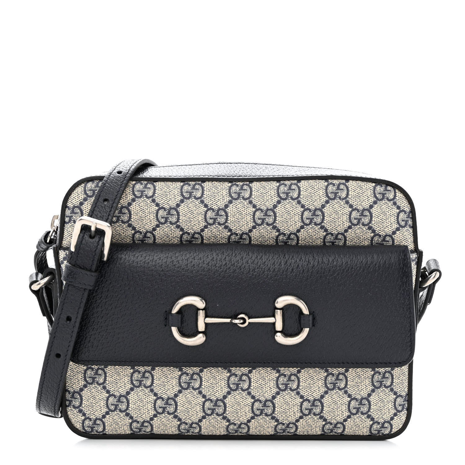 Gucci GG Supreme Monogram Textured Dollar Calfskin Small Horsebit 1955 Shoulder Bag Beige Blue 1 of 13