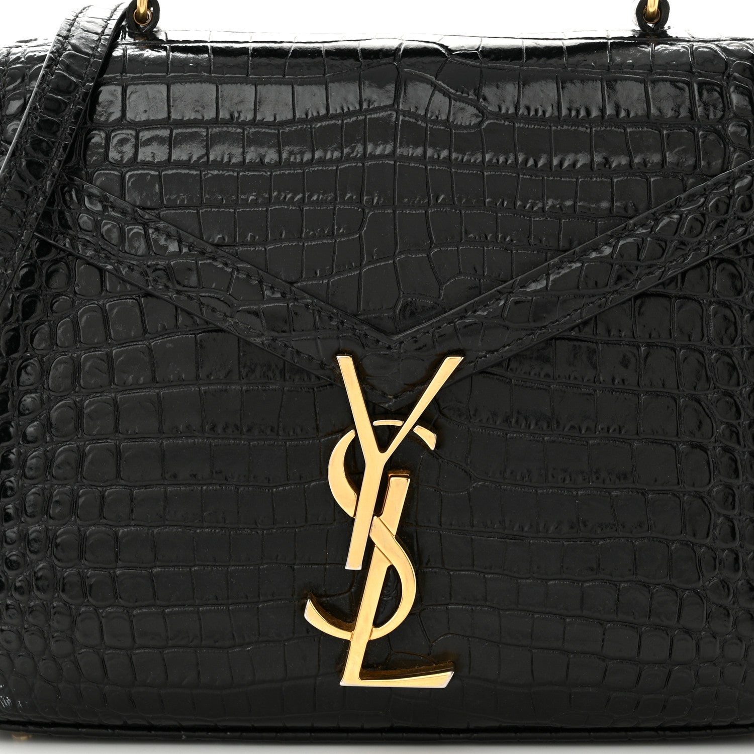 Saint Laurent Calfskin Crocodile Embossed Mini Classic Monogram Cassandra Top Handle Black 7 of 10